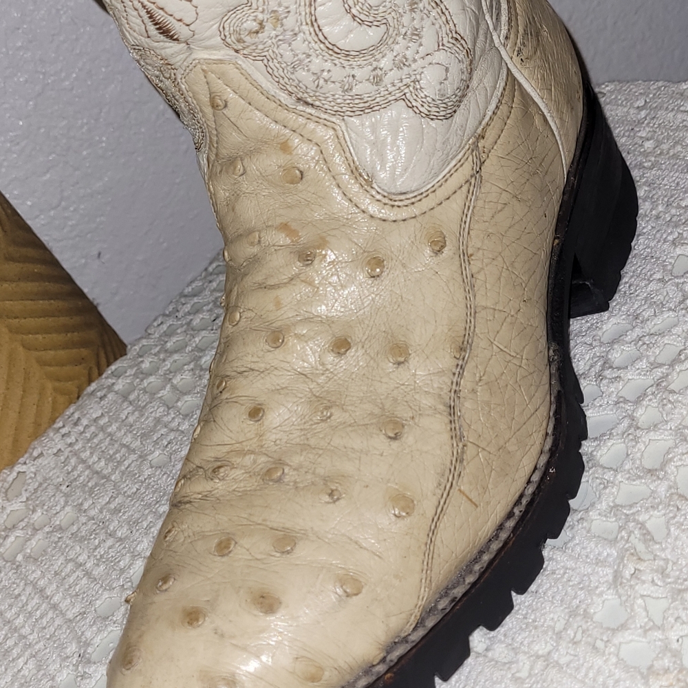 PISTOLERO Cream Ostrich Leather Cowboy/Cowgirl Boots Embroidery Size W9 Men 6 - Picture 3 of 13